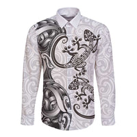 New Zealand Gecko Maori Art Tattoo Long Sleeve Button Shirt White Color LT03 Unisex White - Polynesian Pride