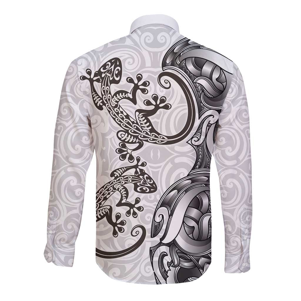 New Zealand Gecko Maori Art Tattoo Long Sleeve Button Shirt White Color LT03 - Polynesian Pride