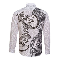 New Zealand Gecko Maori Art Tattoo Long Sleeve Button Shirt White Color LT03 - Polynesian Pride