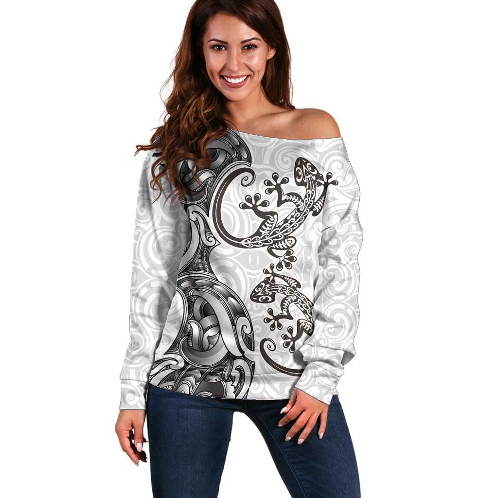 New Zealand Gecko Maori Art Tattoo Off Shoulder Sweater White Color