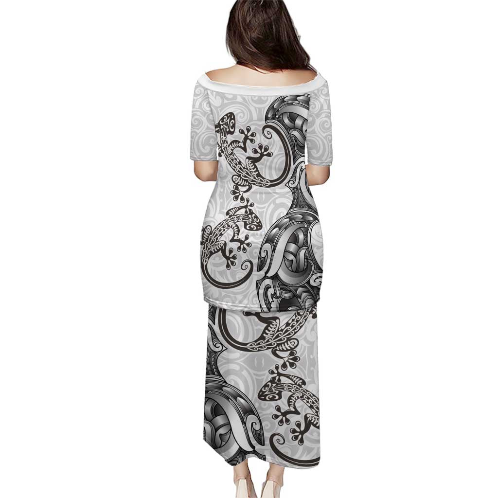 New Zealand Gecko Maori Art Tattoo Puletasi White Color