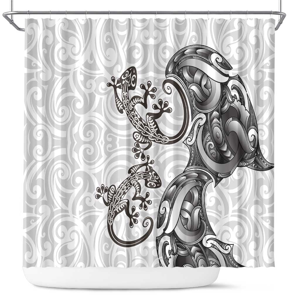 New Zealand Gecko Maori Art Tattoo Shower Curtain White Color LT03 White - Polynesian Pride
