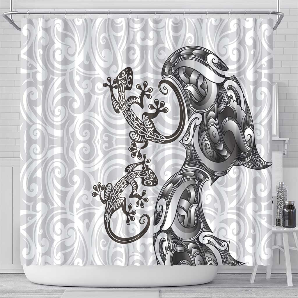 New Zealand Gecko Maori Art Tattoo Shower Curtain White Color LT03 - Polynesian Pride