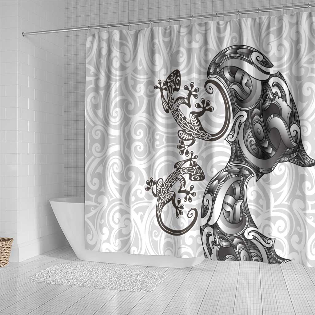 New Zealand Gecko Maori Art Tattoo Shower Curtain White Color LT03 - Polynesian Pride