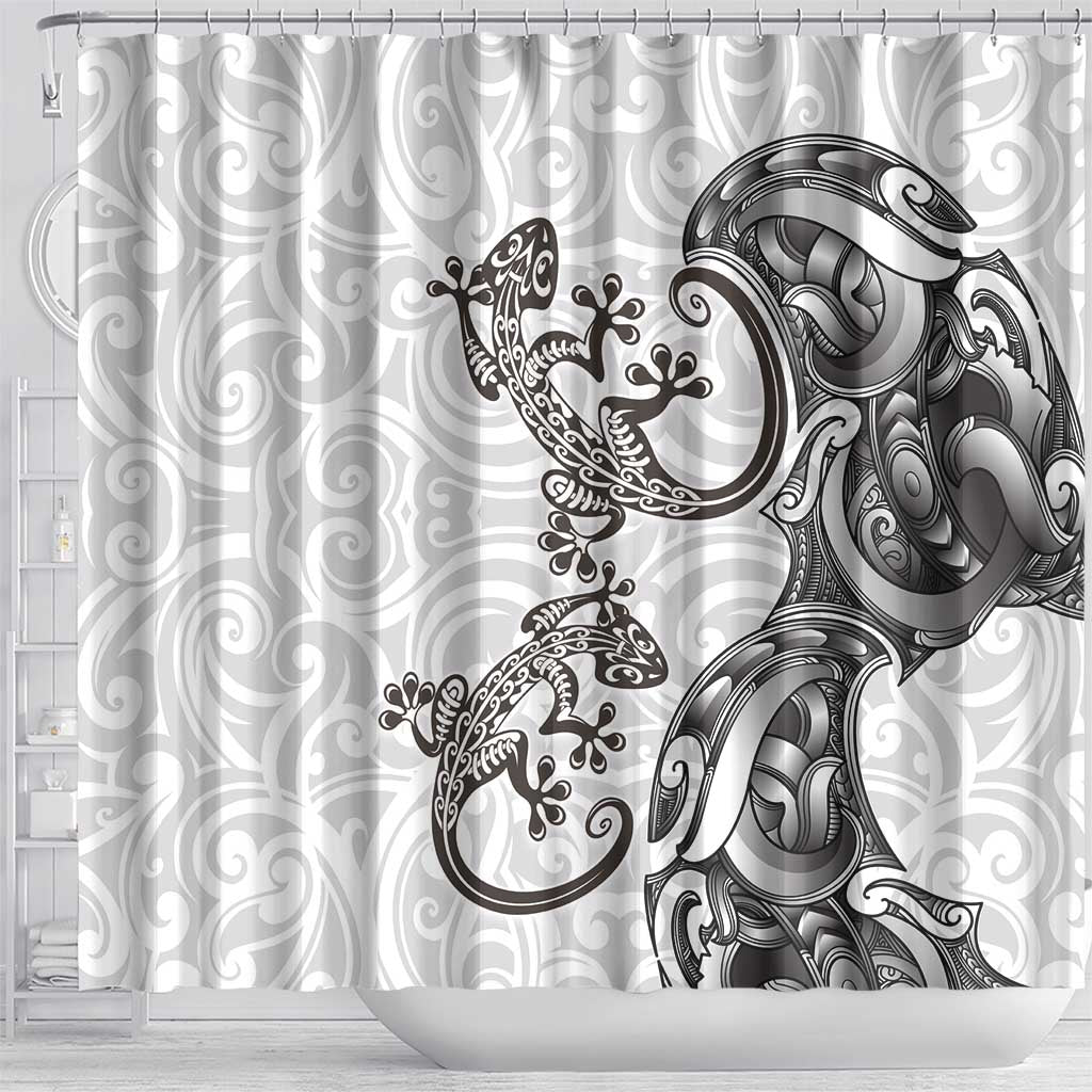 New Zealand Gecko Maori Art Tattoo Shower Curtain White Color LT03 - Polynesian Pride