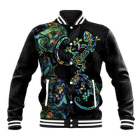 New Zealand Gecko Maori Art Tattoo Baseball Jacket Silver Fern and Paua Shell Mode LT03 Unisex Black - Polynesian Pride