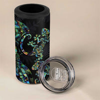 New Zealand Gecko Maori Art Tattoo 4 in 1 Can Cooler Tumbler Paua Shell Mode with Silver Fern Pattern
