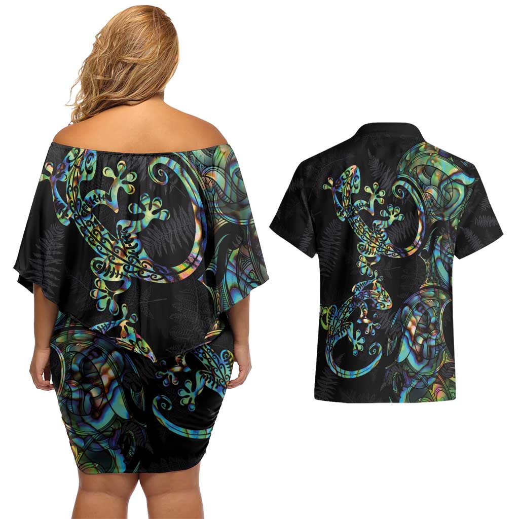 New Zealand Gecko Maori Art Tattoo Couples Matching Off Shoulder Short Dress and Hawaiian Shirt Silver Fern and Paua Shell Mode