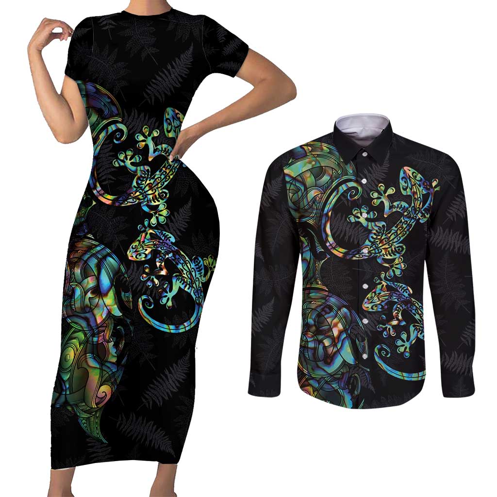 New Zealand Gecko Maori Art Tattoo Couples Matching Short Sleeve Bodycon Dress and Long Sleeve Button Shirt Silver Fern and Paua Shell Mode