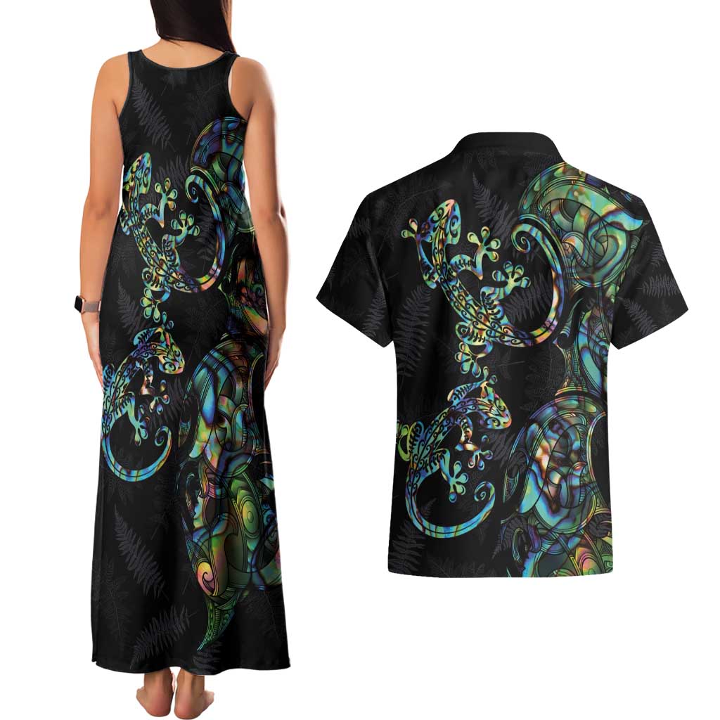 New Zealand Gecko Maori Art Tattoo Couples Matching Tank Maxi Dress and Hawaiian Shirt Silver Fern and Paua Shell Mode