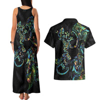 New Zealand Gecko Maori Art Tattoo Couples Matching Tank Maxi Dress and Hawaiian Shirt Silver Fern and Paua Shell Mode
