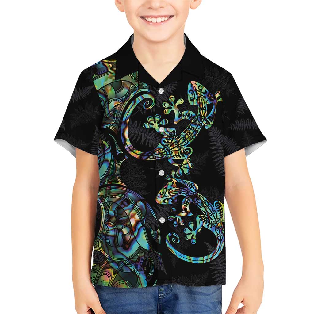 New Zealand Gecko Maori Art Tattoo Kid Hawaiian Shirt Silver Fern and Paua Shell Mode LT03 Kid Black - Polynesian Pride