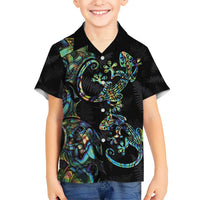 New Zealand Gecko Maori Art Tattoo Kid Hawaiian Shirt Silver Fern and Paua Shell Mode LT03 Kid Black - Polynesian Pride