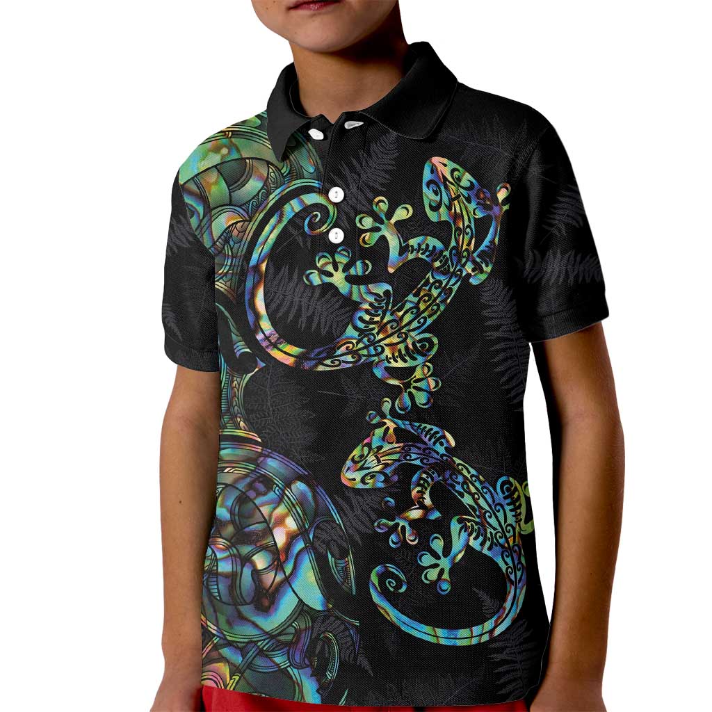 New Zealand Gecko Maori Art Tattoo Kid Polo Shirt Silver Fern and Paua Shell Mode LT03 Kid Black - Polynesian Pride