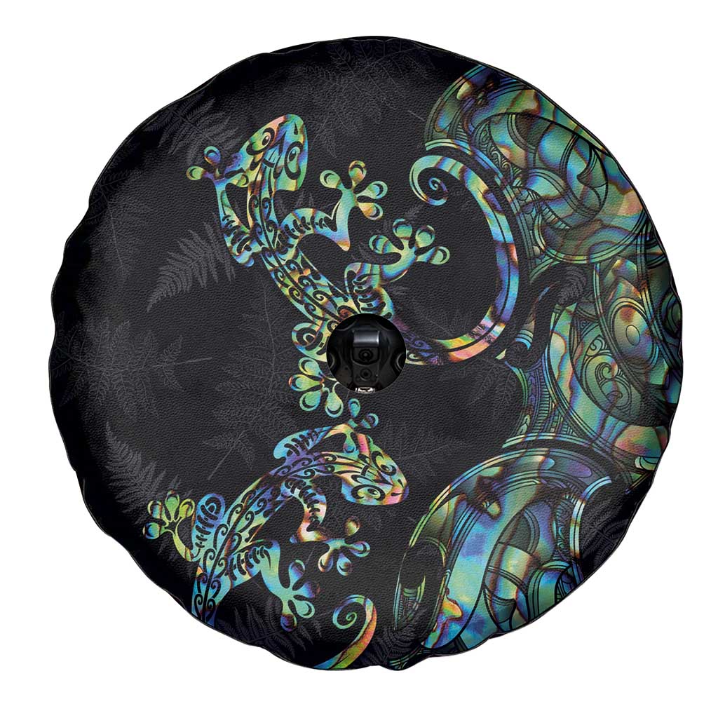 New Zealand Gecko Maori Art Tattoo Spare Tire Cover Silver Fern and Paua Shell Mode