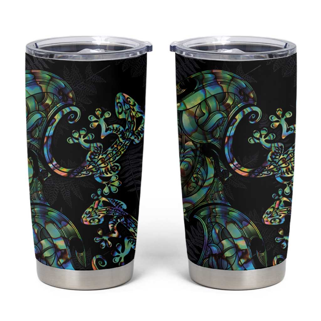 New Zealand Gecko Maori Art Tattoo Tumbler Cup Paua Shell Mode with Silver Fern Pattern