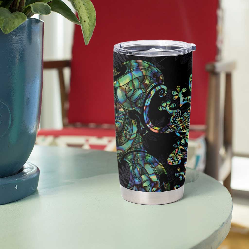 New Zealand Gecko Maori Art Tattoo Tumbler Cup Paua Shell Mode with Silver Fern Pattern LT03 - Polynesian Pride