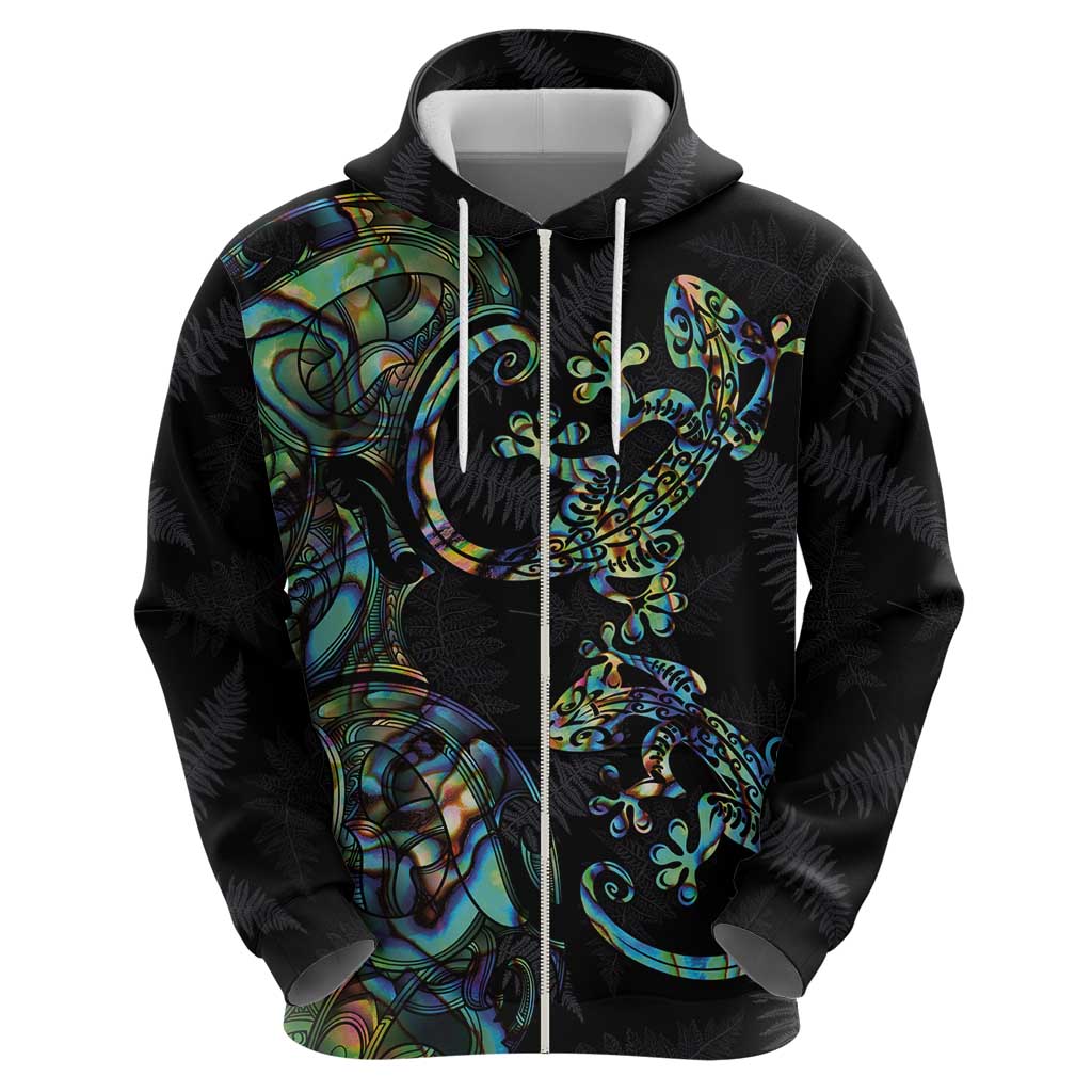 New Zealand Gecko Maori Art Tattoo Zip Hoodie Silver Fern and Paua Shell Mode