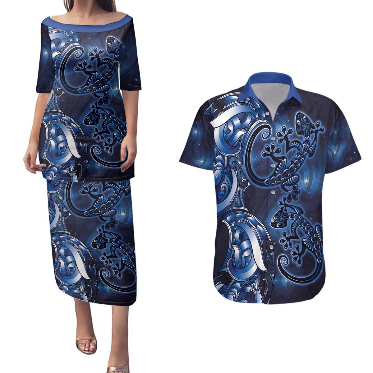 New Zealand Gecko Maori Art Tattoo Couples Matching Puletasi and Hawaiian Shirt Matariki Mode LT03 Blue - Polynesian Pride