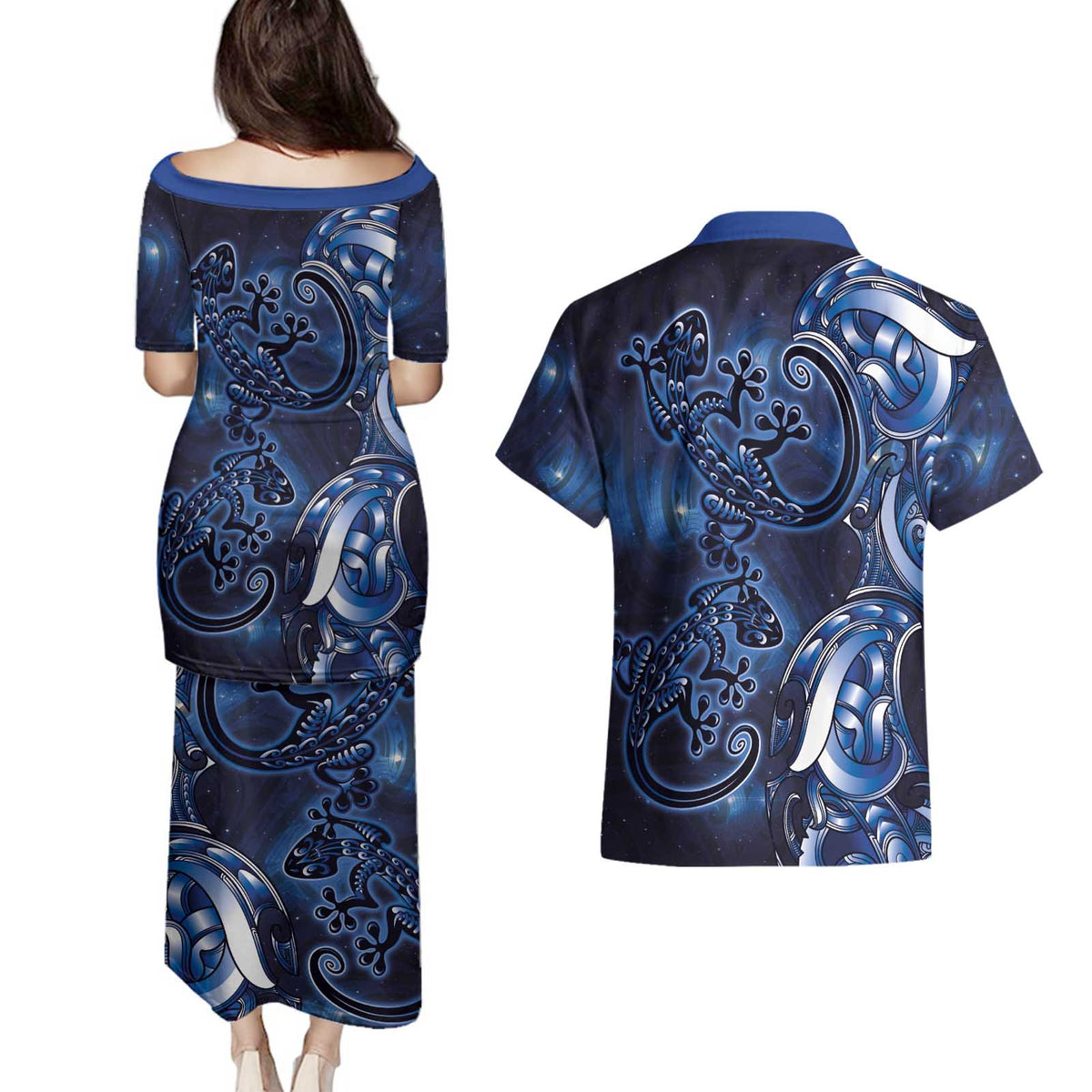 New Zealand Gecko Maori Art Tattoo Couples Matching Puletasi and Hawaiian Shirt Matariki Mode LT03 - Polynesian Pride