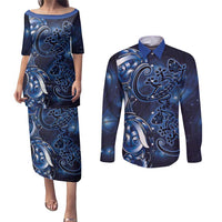 New Zealand Gecko Maori Art Tattoo Couples Matching Puletasi and Long Sleeve Button Shirt Matariki Mode LT03 Blue - Polynesian Pride