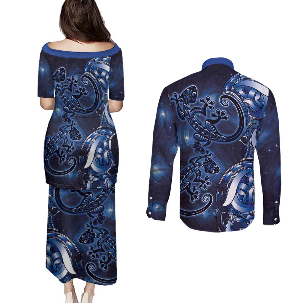 New Zealand Gecko Maori Art Tattoo Couples Matching Puletasi and Long Sleeve Button Shirt Matariki Mode LT03 - Polynesian Pride