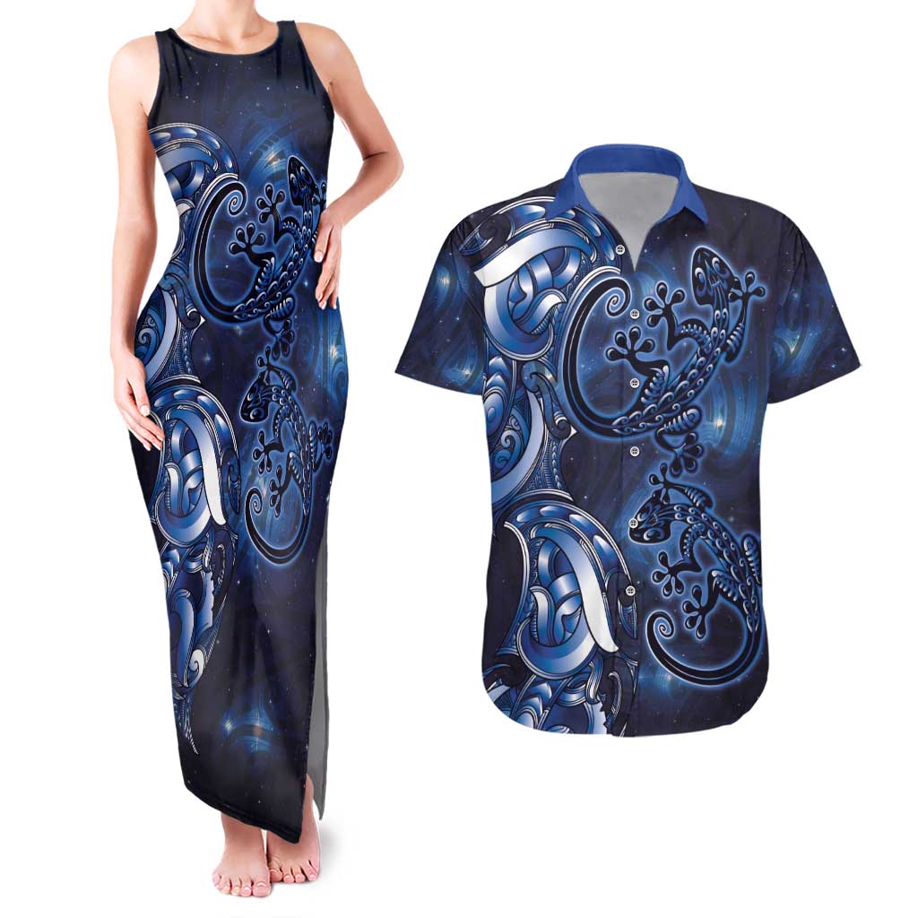 New Zealand Gecko Maori Art Tattoo Couples Matching Tank Maxi Dress and Hawaiian Shirt Matariki Mode LT03 Blue - Polynesian Pride