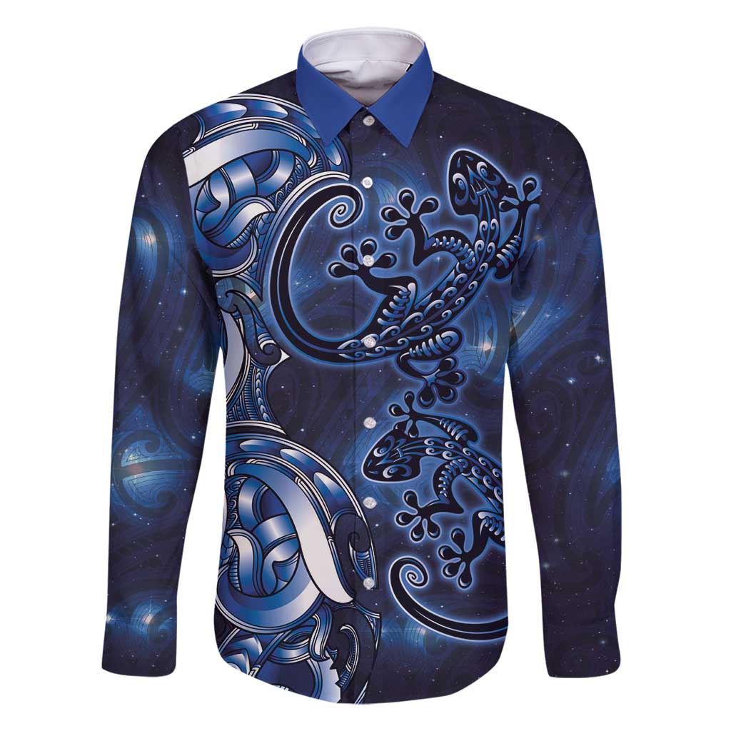 New Zealand Gecko Maori Art Tattoo Family Matching Off Shoulder Maxi Dress and Hawaiian Shirt Matariki Mode LT03 Dad's Shirt - Long Sleeve Blue - Polynesian Pride