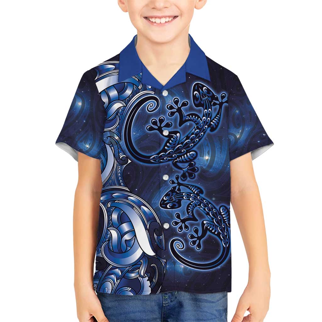 New Zealand Gecko Maori Art Tattoo Family Matching Off Shoulder Short Dress and Hawaiian Shirt Matariki Mode LT03 Son's Shirt Blue - Polynesian Pride