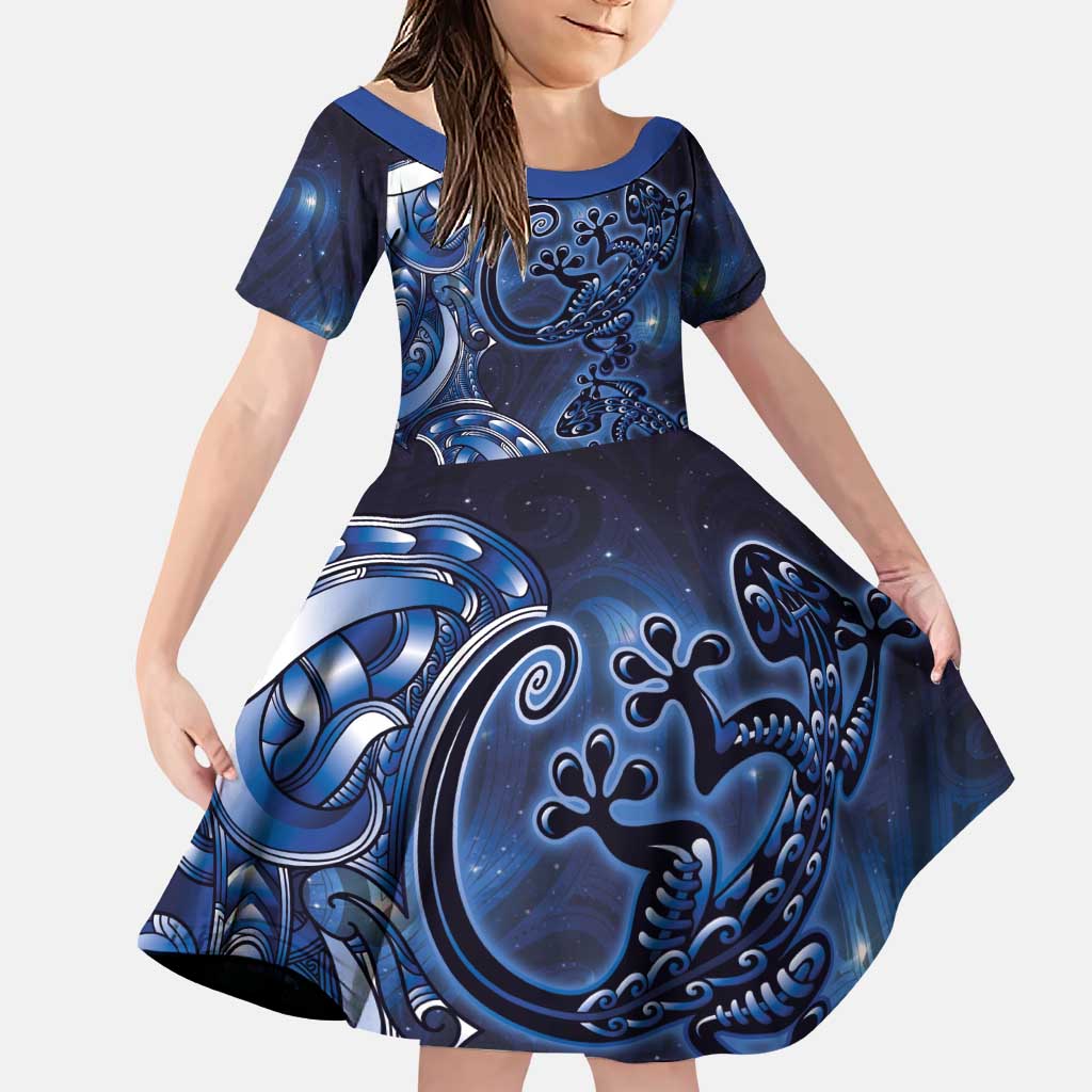 New Zealand Gecko Maori Art Tattoo Family Matching Puletasi and Hawaiian Shirt Matariki Mode LT03 Daughter's Dress Blue - Polynesian Pride