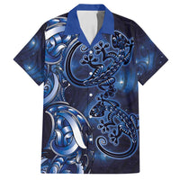 New Zealand Gecko Maori Art Tattoo Family Matching Puletasi and Hawaiian Shirt Matariki Mode LT03 Dad's Shirt - Short Sleeve Blue - Polynesian Pride