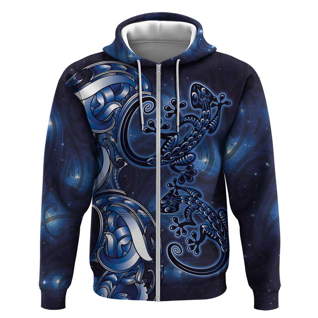 New Zealand Gecko Maori Art Tattoo Hoodie Matariki Mode LT03 Zip Hoodie Blue - Polynesian Pride