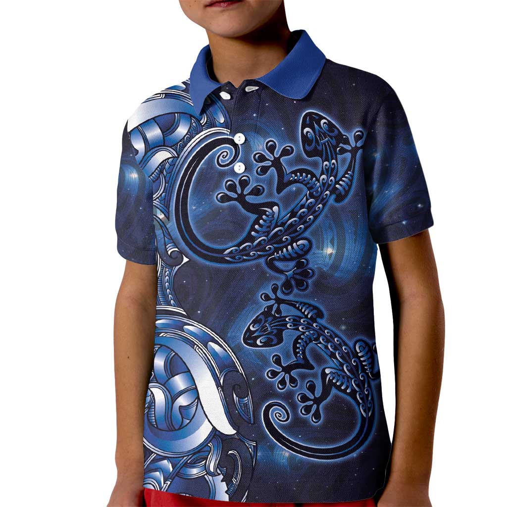 New Zealand Gecko Maori Art Tattoo Kid Polo Shirt Matariki Mode LT03 Kid Blue - Polynesian Pride
