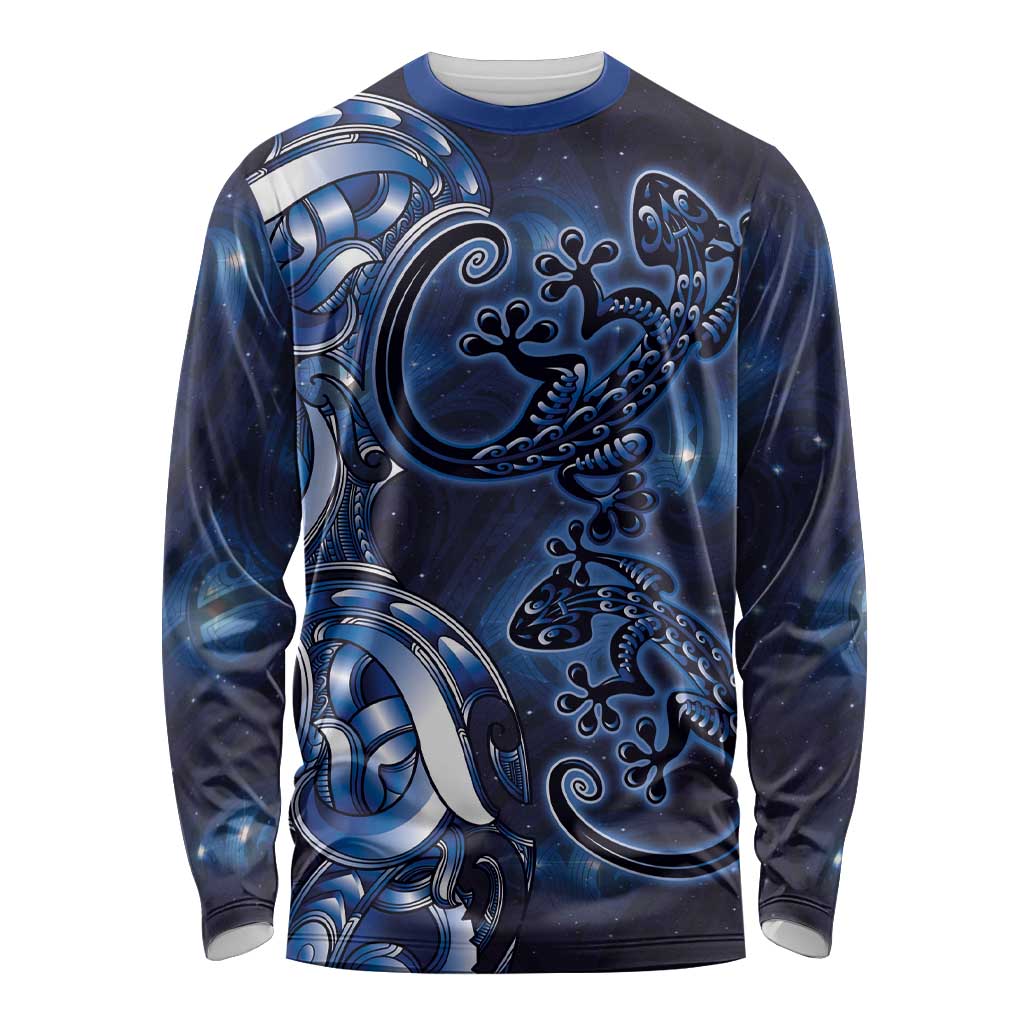 New Zealand Gecko Maori Art Tattoo Long Sleeve Shirt Matariki Mode LT03 Unisex Blue - Polynesian Pride