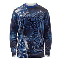 New Zealand Gecko Maori Art Tattoo Long Sleeve Shirt Matariki Mode LT03 Unisex Blue - Polynesian Pride