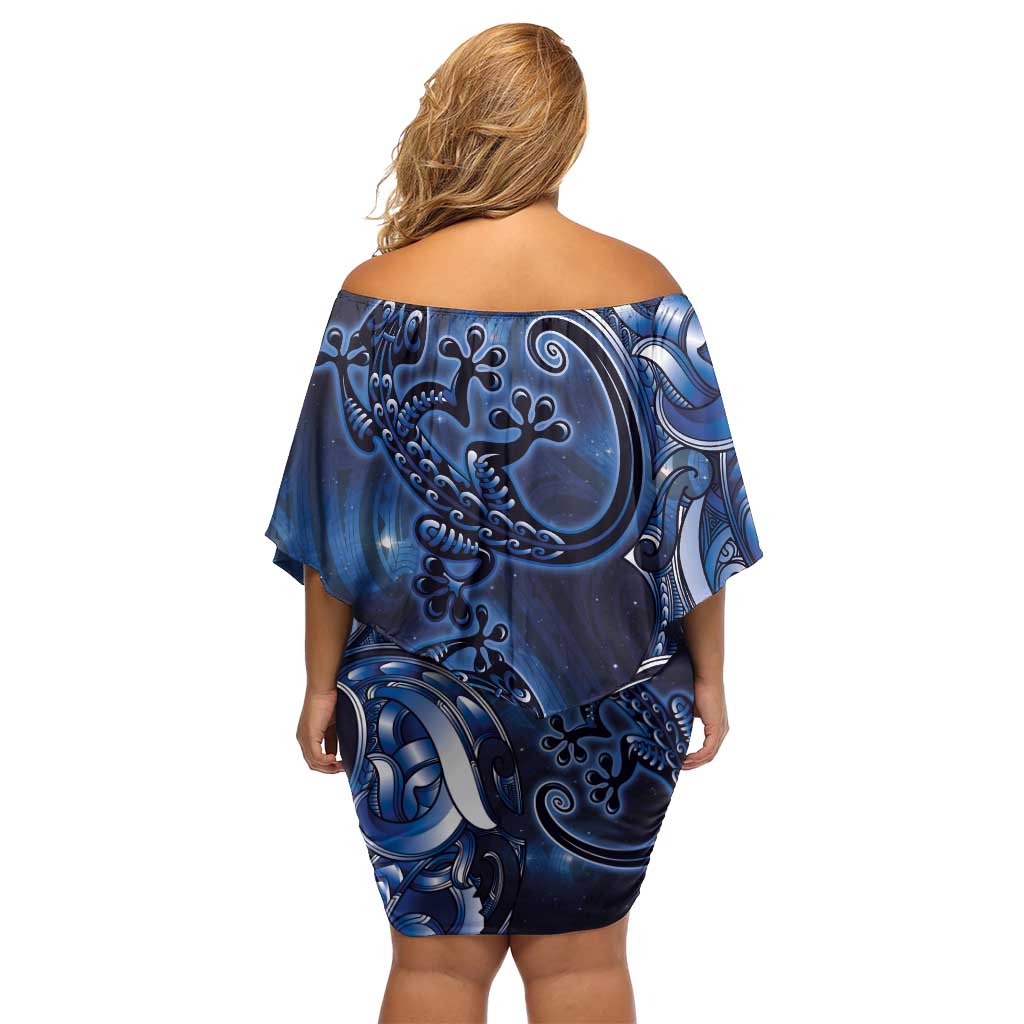 New Zealand Gecko Maori Art Tattoo Off Shoulder Short Dress Matariki Mode LT03 - Polynesian Pride