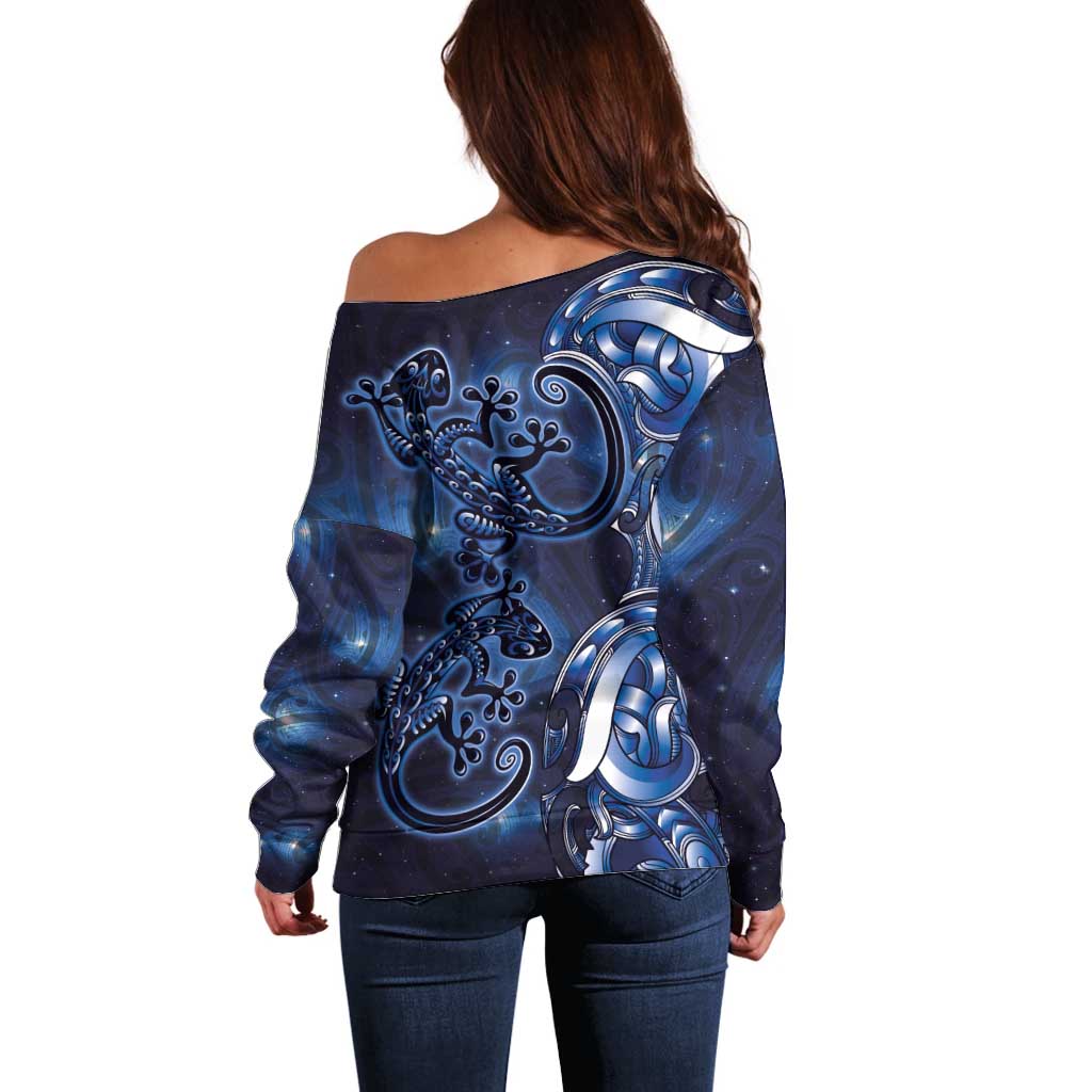 New Zealand Gecko Maori Art Tattoo Off Shoulder Sweater Matariki Mode LT03 - Polynesian Pride