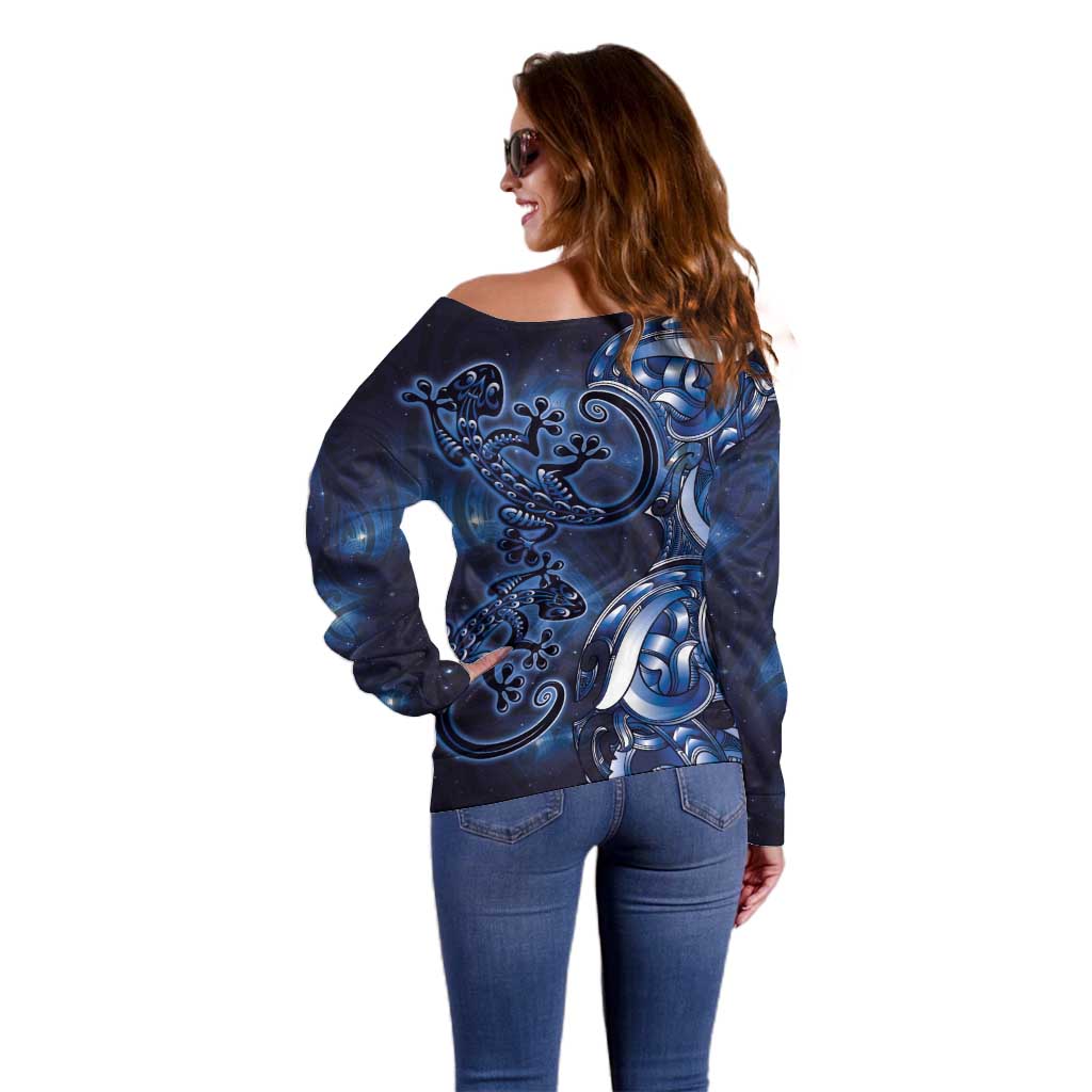 New Zealand Gecko Maori Art Tattoo Off Shoulder Sweater Matariki Mode LT03 - Polynesian Pride