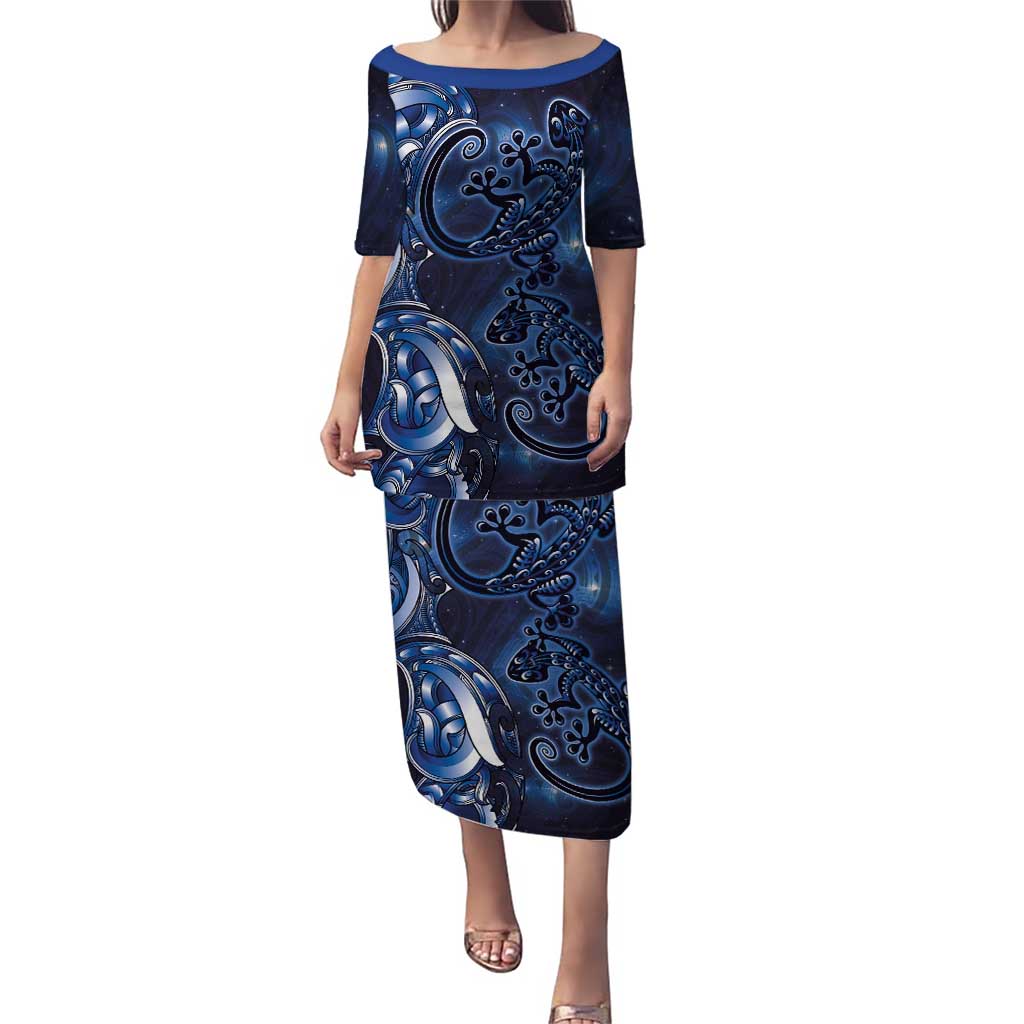 New Zealand Gecko Maori Art Tattoo Puletasi Matariki Mode LT03 Long Dress Blue - Polynesian Pride