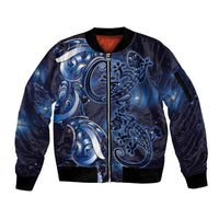 New Zealand Gecko Maori Art Tattoo Sleeve Zip Bomber Jacket Matariki Mode LT03 Unisex Blue - Polynesian Pride