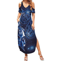 New Zealand Gecko Maori Art Tattoo Summer Maxi Dress Matariki Mode LT03 Women Blue - Polynesian Pride