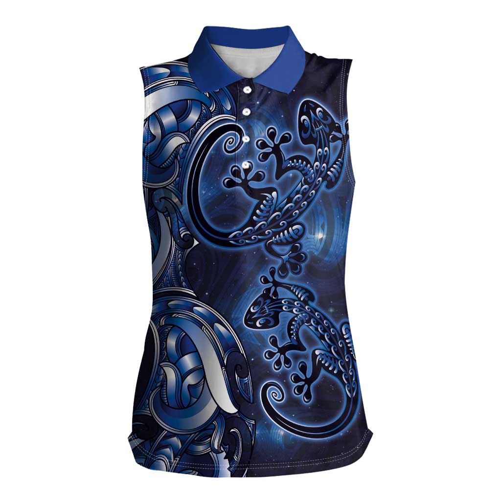 New Zealand Gecko Maori Art Tattoo Women Sleeveless Polo Shirt Matariki Mode LT03 Female Blue - Polynesian Pride