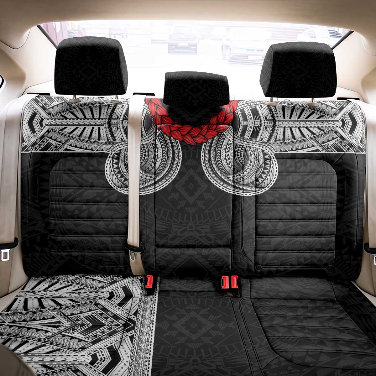 Samoan Traditional Art Tattoos Back Car Seat Cover Tatau Tribal Motifs with Ula Fala Black - Polynesian Pride