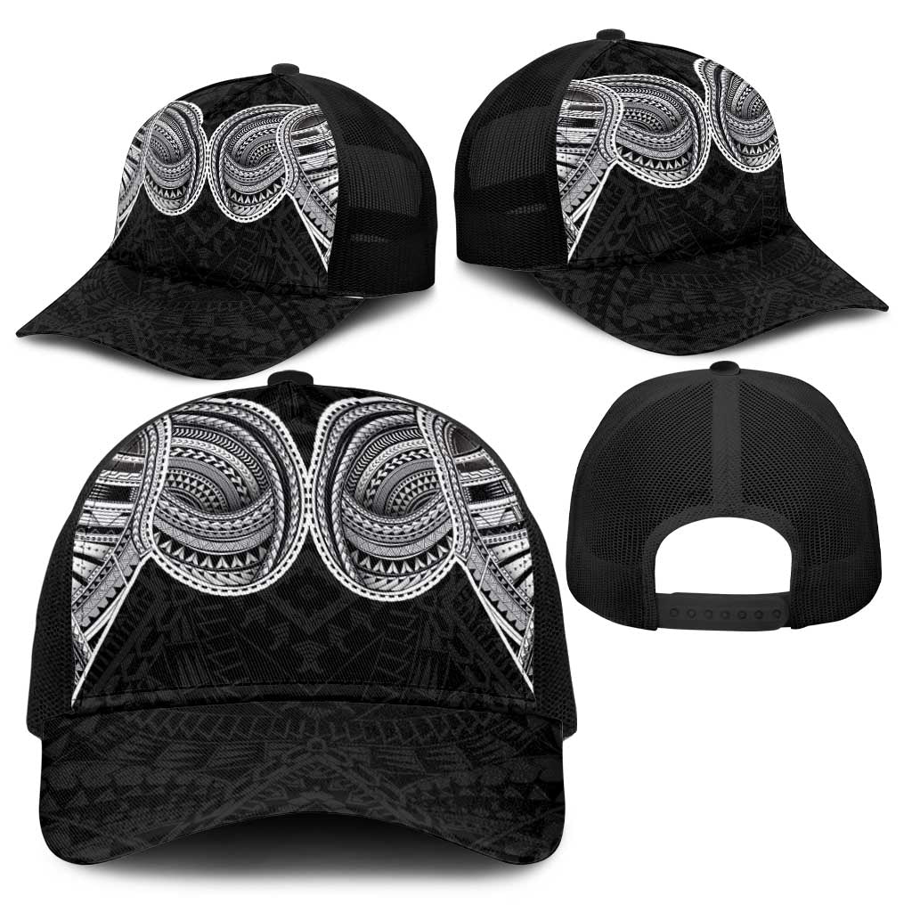 Samoan Traditional Art Tattoos Baseball Net Cap Tatau Tribal Motifs with Ula Fala Black - Polynesian Pride