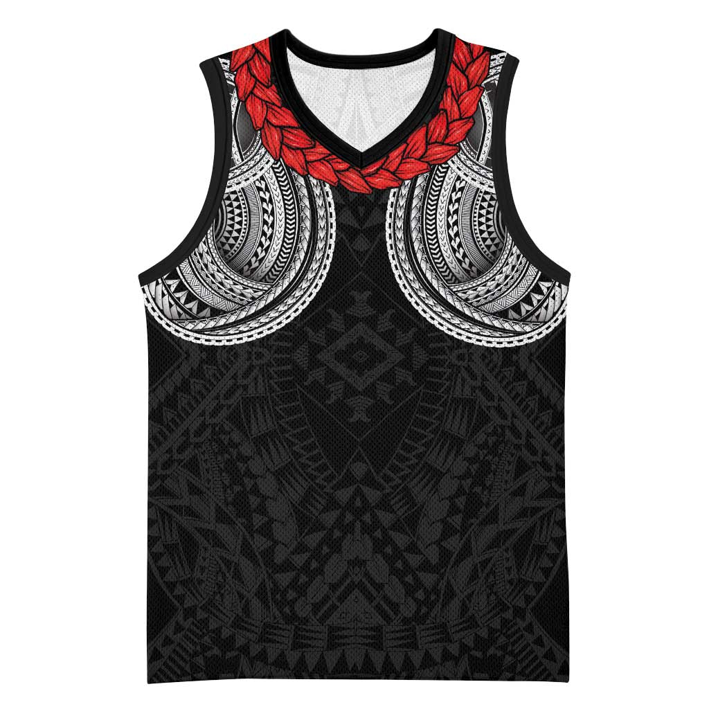 Samoan Traditional Art Tattoos Basketball Jersey Tatau Tribal Motifs with Ula Fala Black - Polynesian Pride