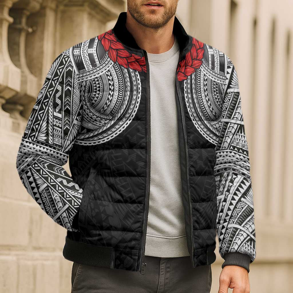 Samoan Traditional Art Tattoos Bomber Puffer Jacket Tatau Tribal Motifs with Ula Fala Black - Polynesian Pride