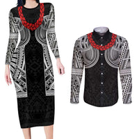 Samoan Traditional Art Tattoos Couples Matching Long Sleeve Bodycon Dress and Long Sleeve Button Shirt Tatau Tribal Motifs with Ula Fala Black - Polynesian Pride