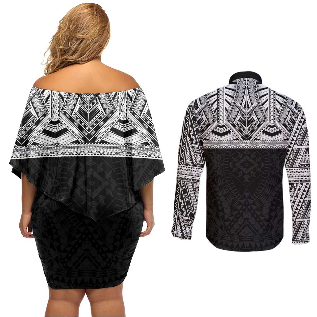 Samoan Traditional Art Tattoos Couples Matching Off Shoulder Short Dress and Long Sleeve Button Shirt Tatau Tribal Motifs with Ula Fala Black LT03 - Polynesian Pride