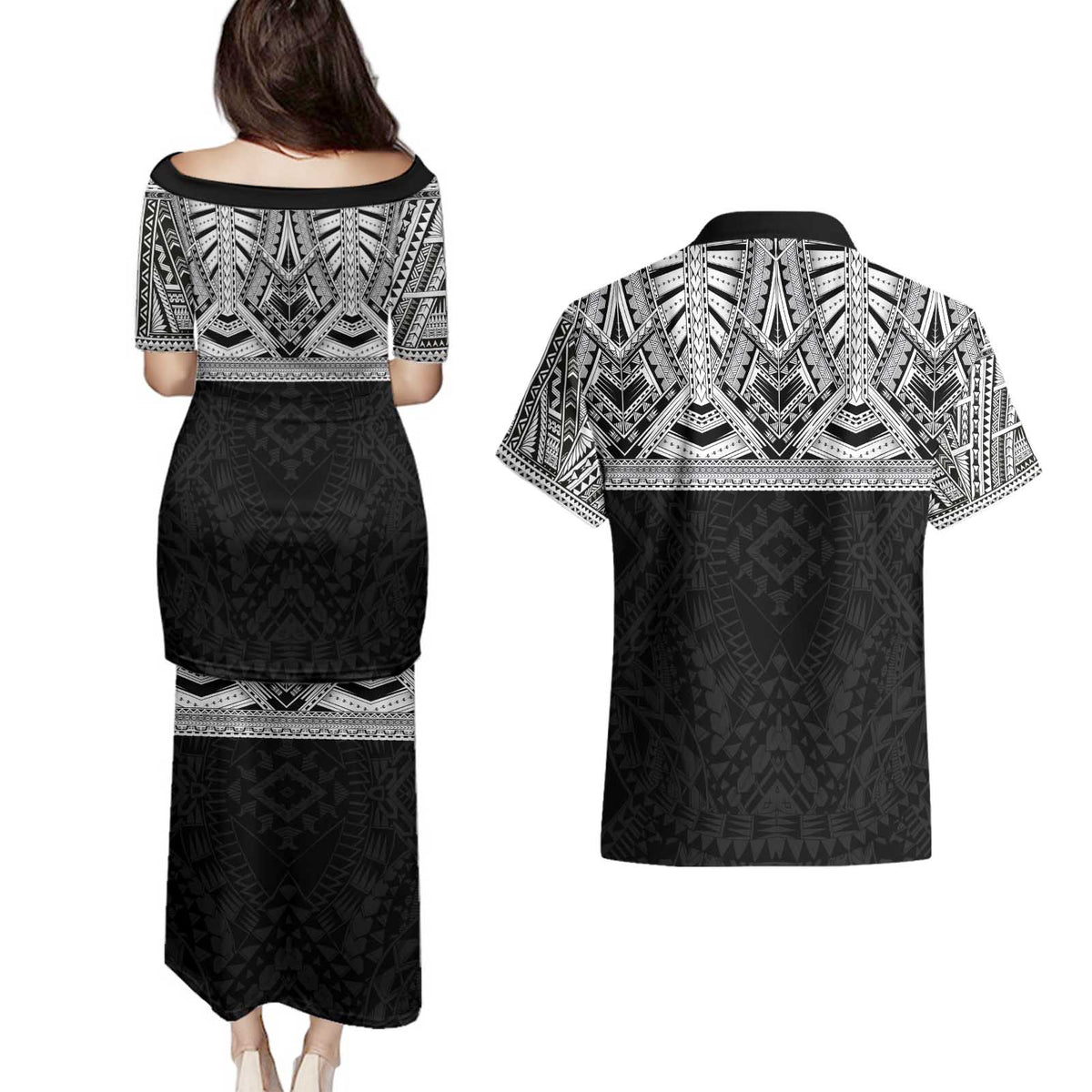 Samoan Traditional Art Tattoos Couples Matching Puletasi and Hawaiian Shirt Tatau Tribal Motifs with Ula Fala Black - Polynesian Pride