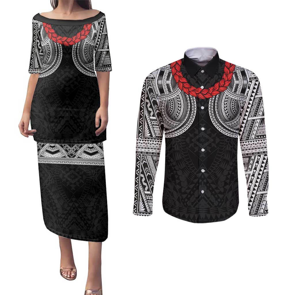 Samoan Traditional Art Tattoos Couples Matching Puletasi and Long Sleeve Button Shirt Tatau Tribal Motifs with Ula Fala Black - Polynesian Pride